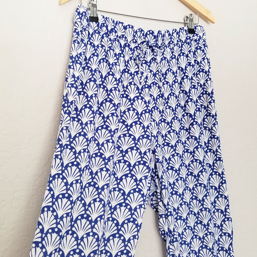 Boden Shells Print Crinkle Tapered Trousers Pants 8 Blue White Pull On Beach $98 - Picture 14 of 16